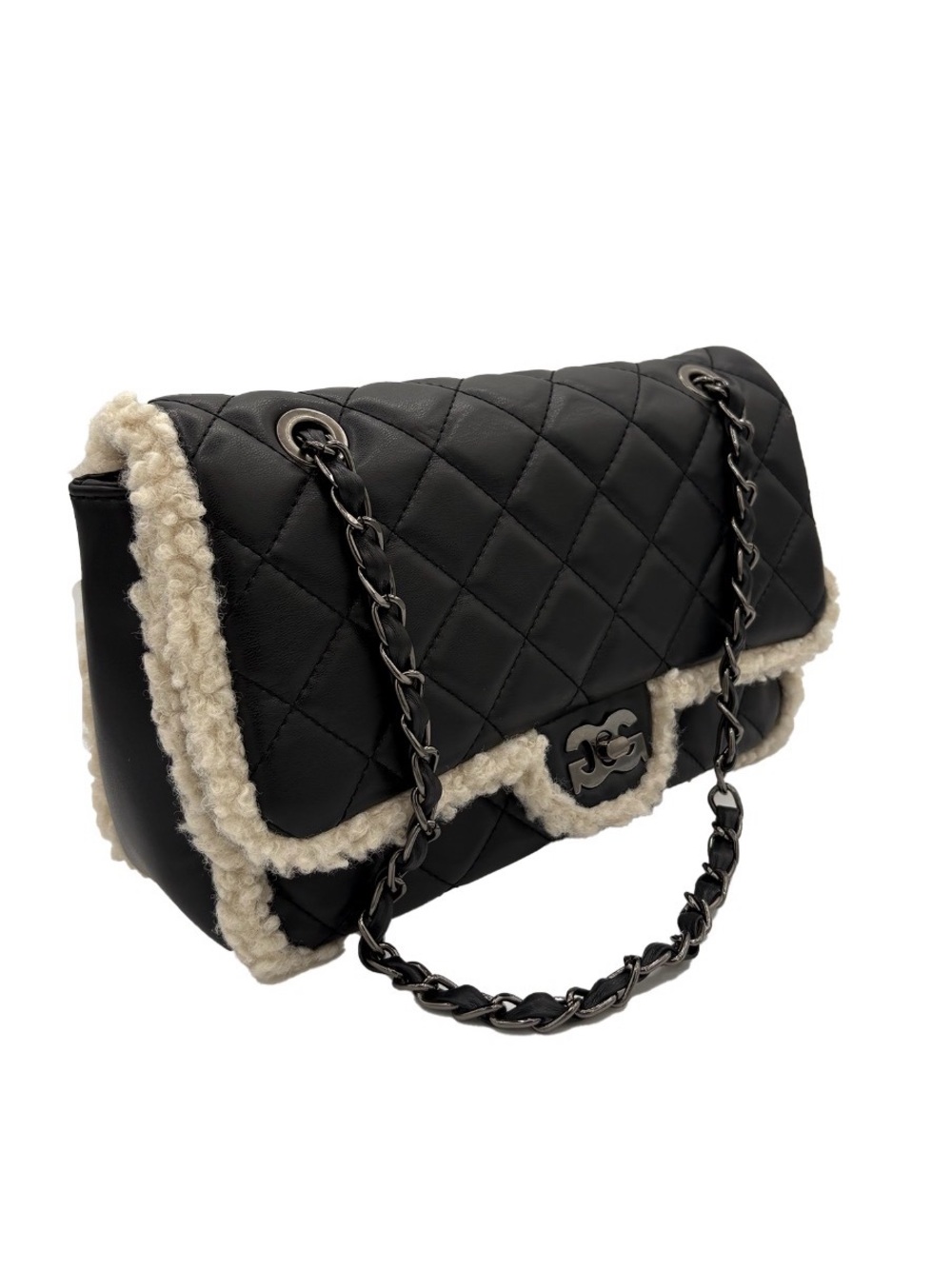 Gilda Paris Isabella Black Quilted Sherpa-Trim Shoulder Bag